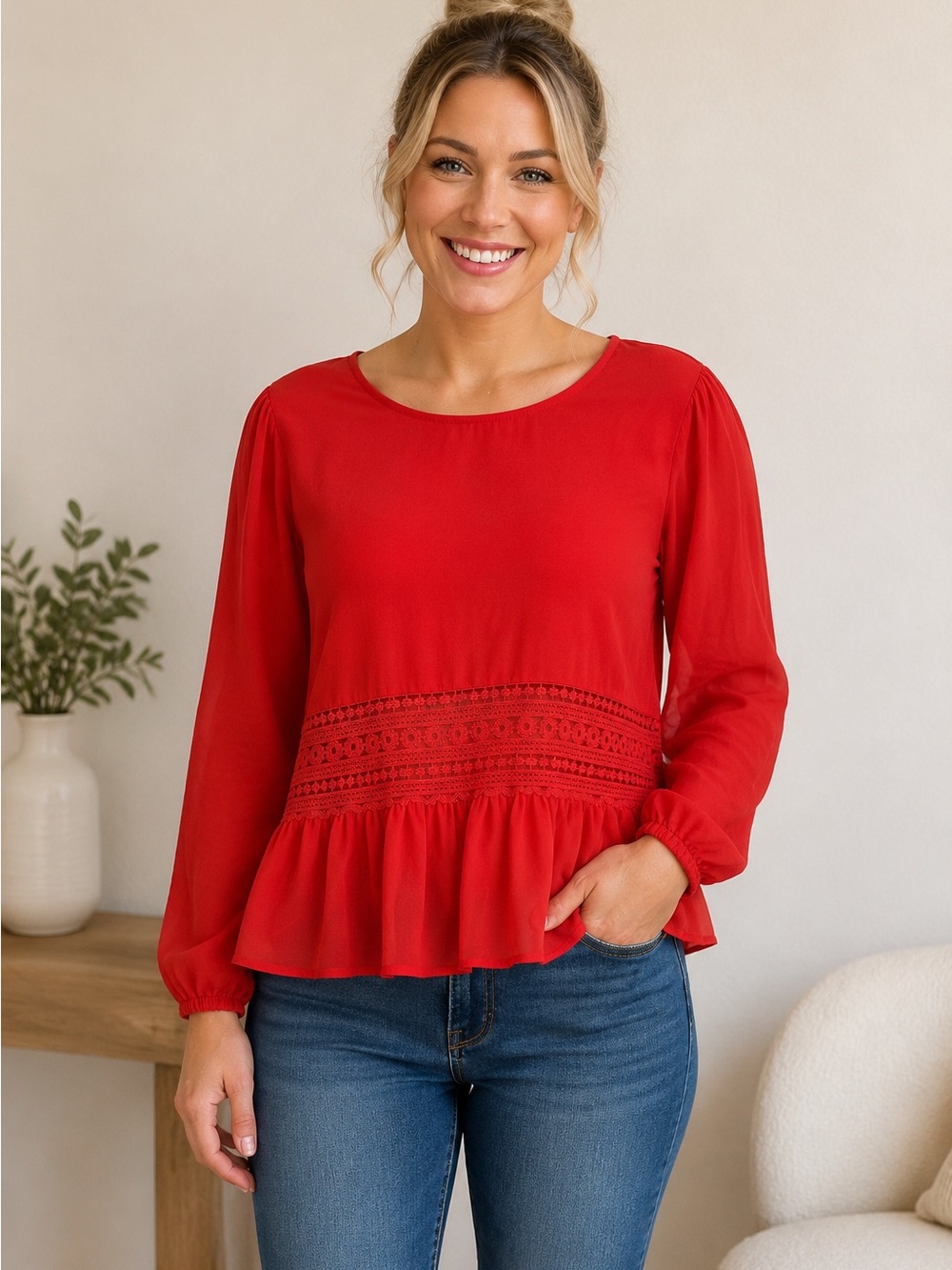 Umgee Red Peplum Lace-Trim Long Sleeve Top
